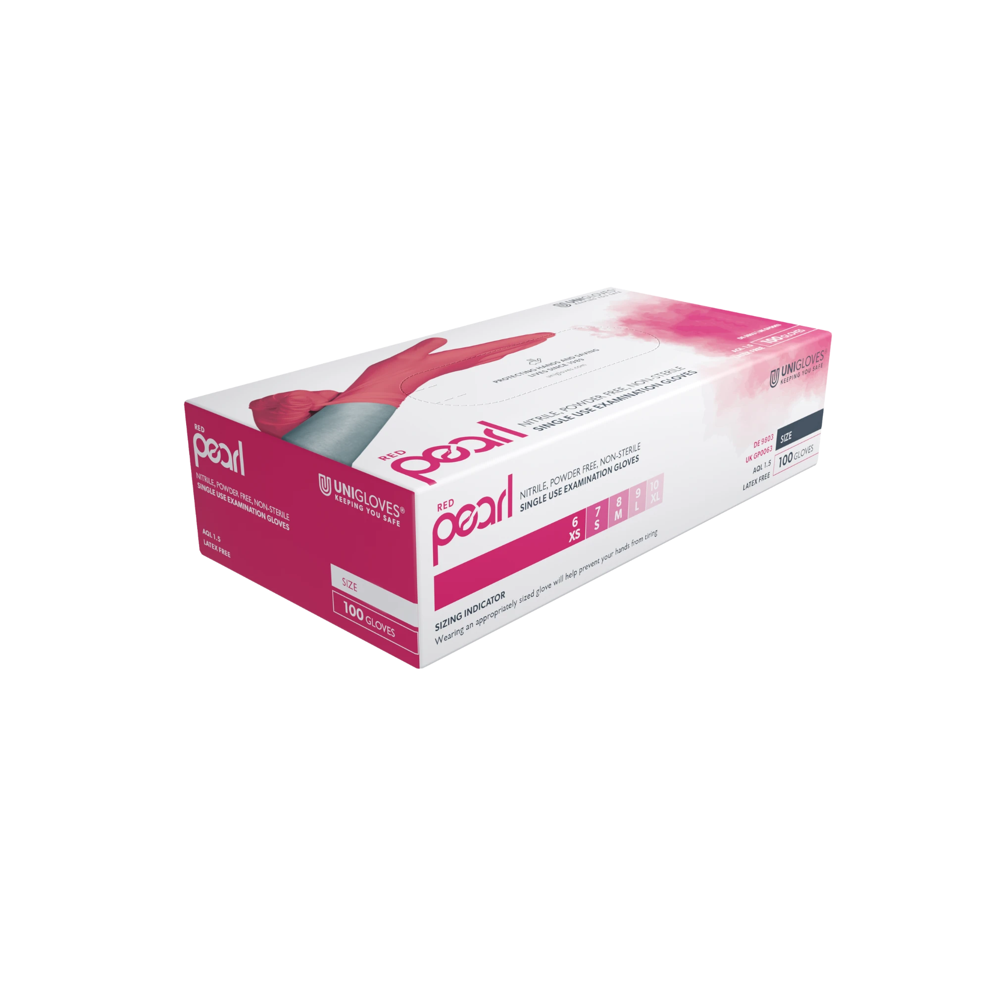 Unigloves Red Pearl Nitrile Gloves, Red, Powder-free, Size M, GP0063