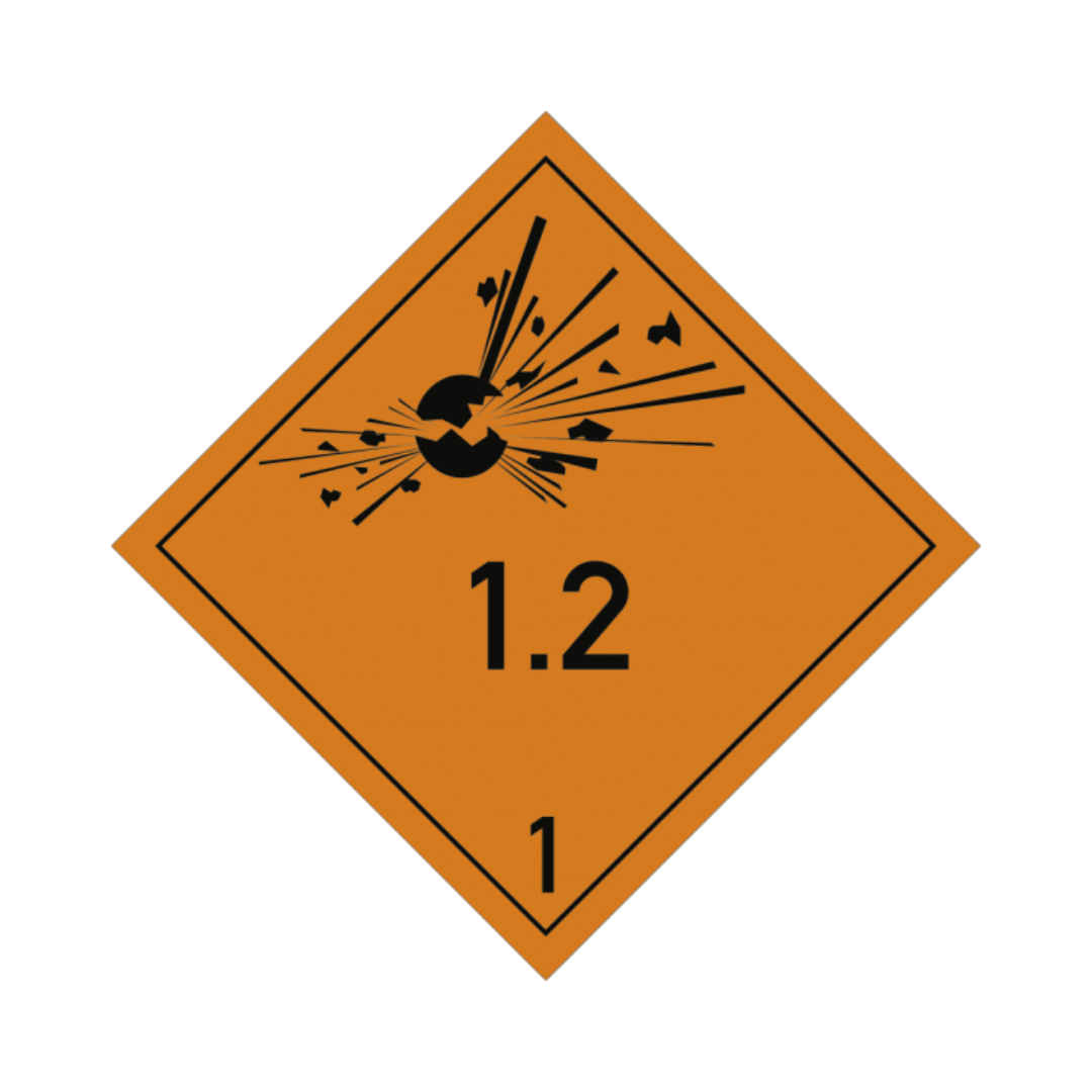 Class 1.2 dangerous goods label (explosive substances/projectiles), 100 x 100 mm, film, roll of 1,000 labels.