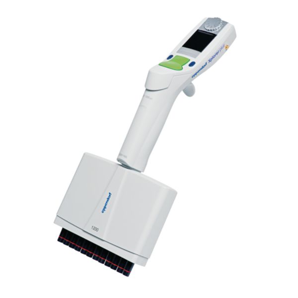 Eppendorf Xplorer plus pipette, 12-channel, 50–1200 µL, green multi-function rocker for 1250 µL pipette tips, 4861000830
