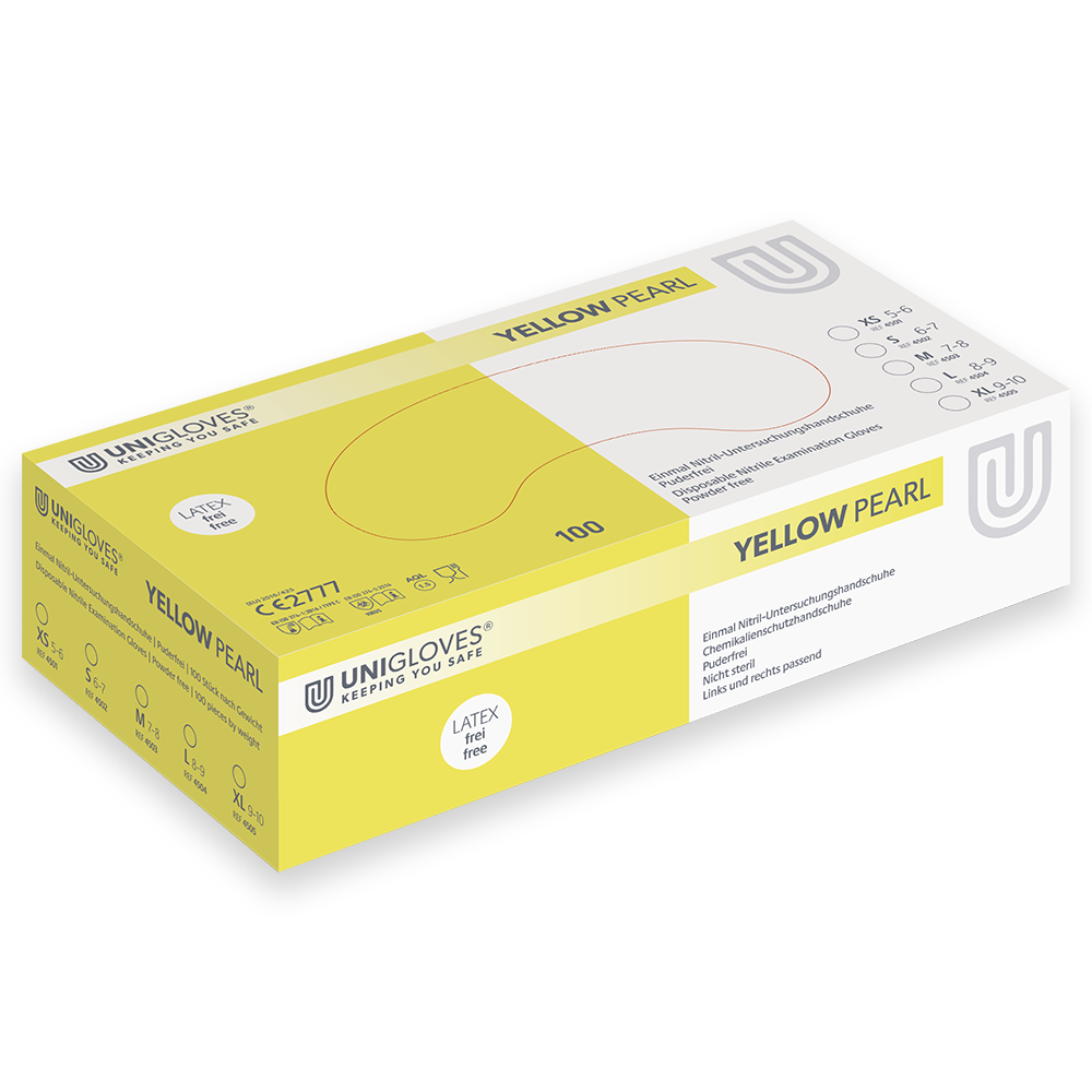 Unigloves Yellow Pearl, Nitrilhandschuhe, Gelb, Puderfrei, 1 Karton = 10 x 100 = 1.000 Stück - XL