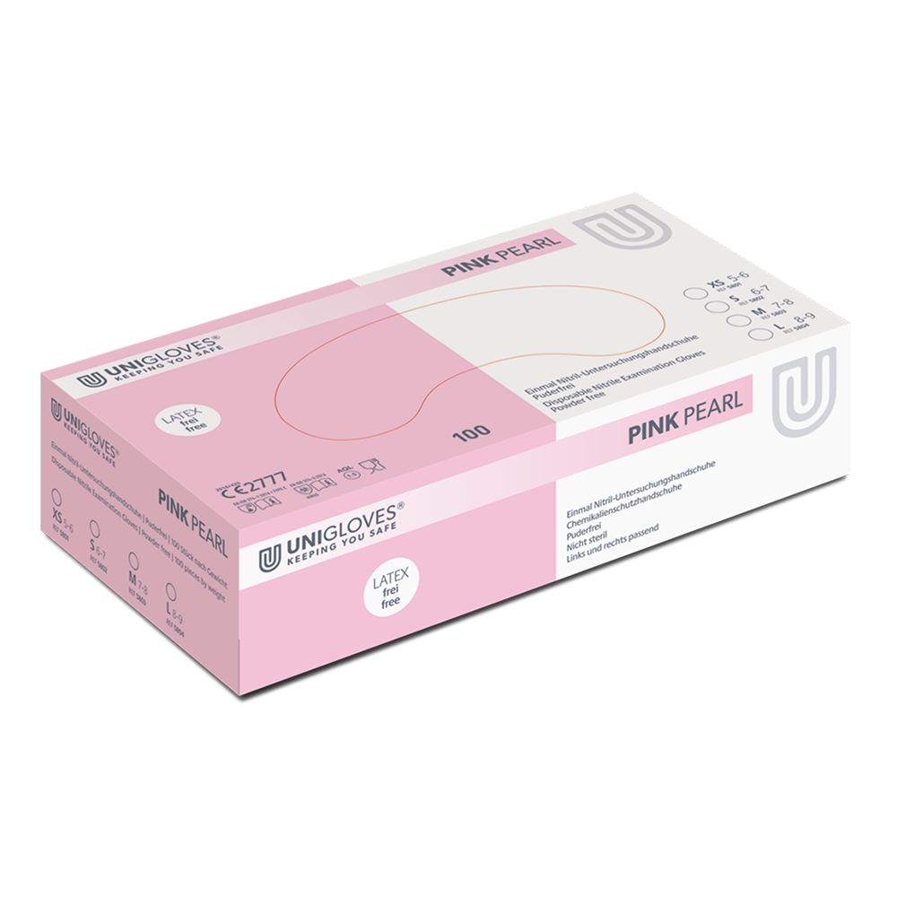 Unigloves Pink Pearl, Nitrilhandschuhe, Pink, Puderfrei, 1 Karton = 10 x 100 = 1.000 Stück - XS