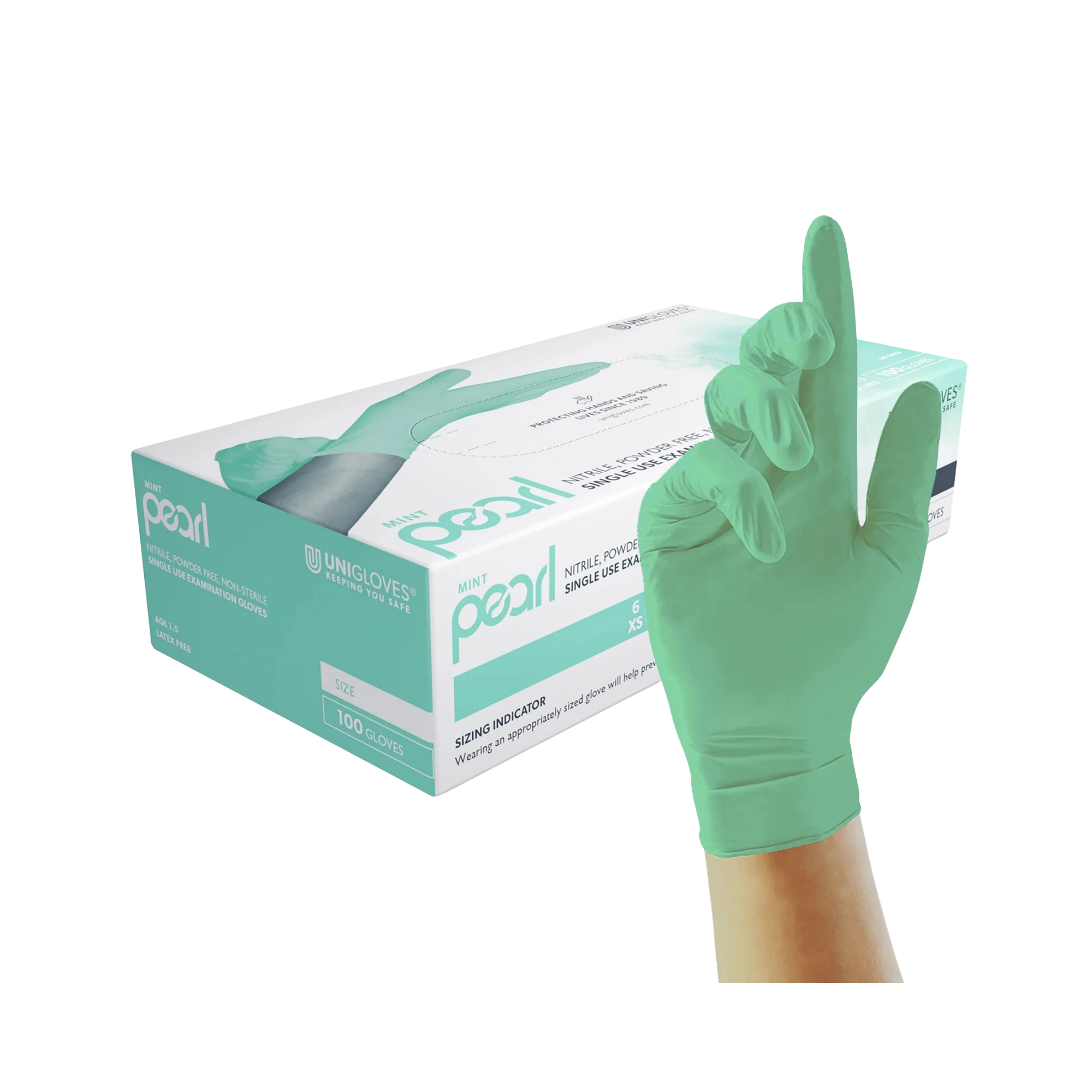 Unigloves Mint Pearl Nitrile Gloves, Mint, Powder-free, Size S, GP6802