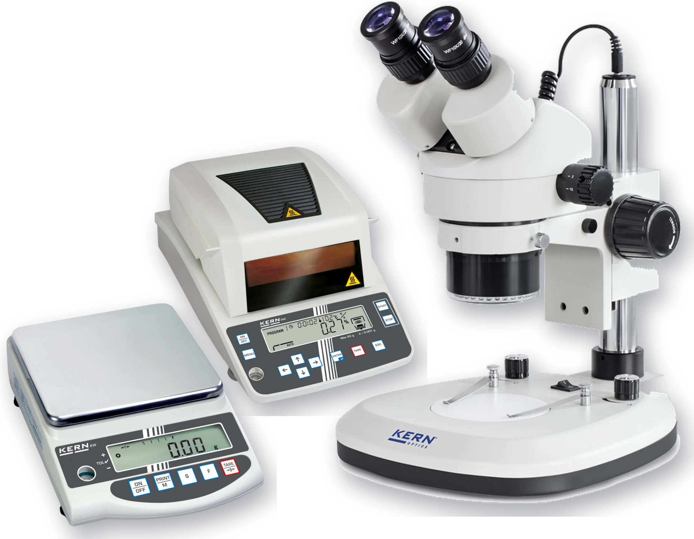 Kern stereo microscope OZL 465, moisture analyser DBS 60-3 and precision balance EW 6200-2NM