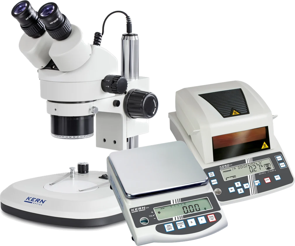 Kern stereo microscope, moisture analyser and precision balance