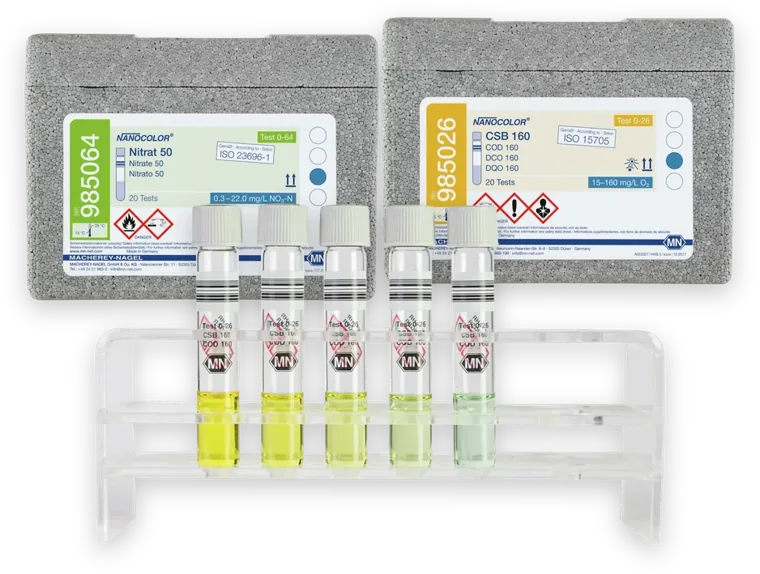 Macherey-Nagel NANOCOLOR tube tests nitrate 50 and COD 160 with cuvettes in a rack