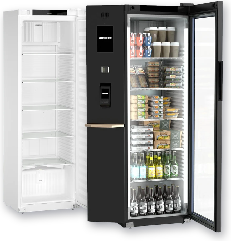 Liebherr laboratory refrigerator SRFfg 4001 behind the filled beverage cooler SMRFvg 4011, in front of a laboratory with pharmaceutical refrigerators