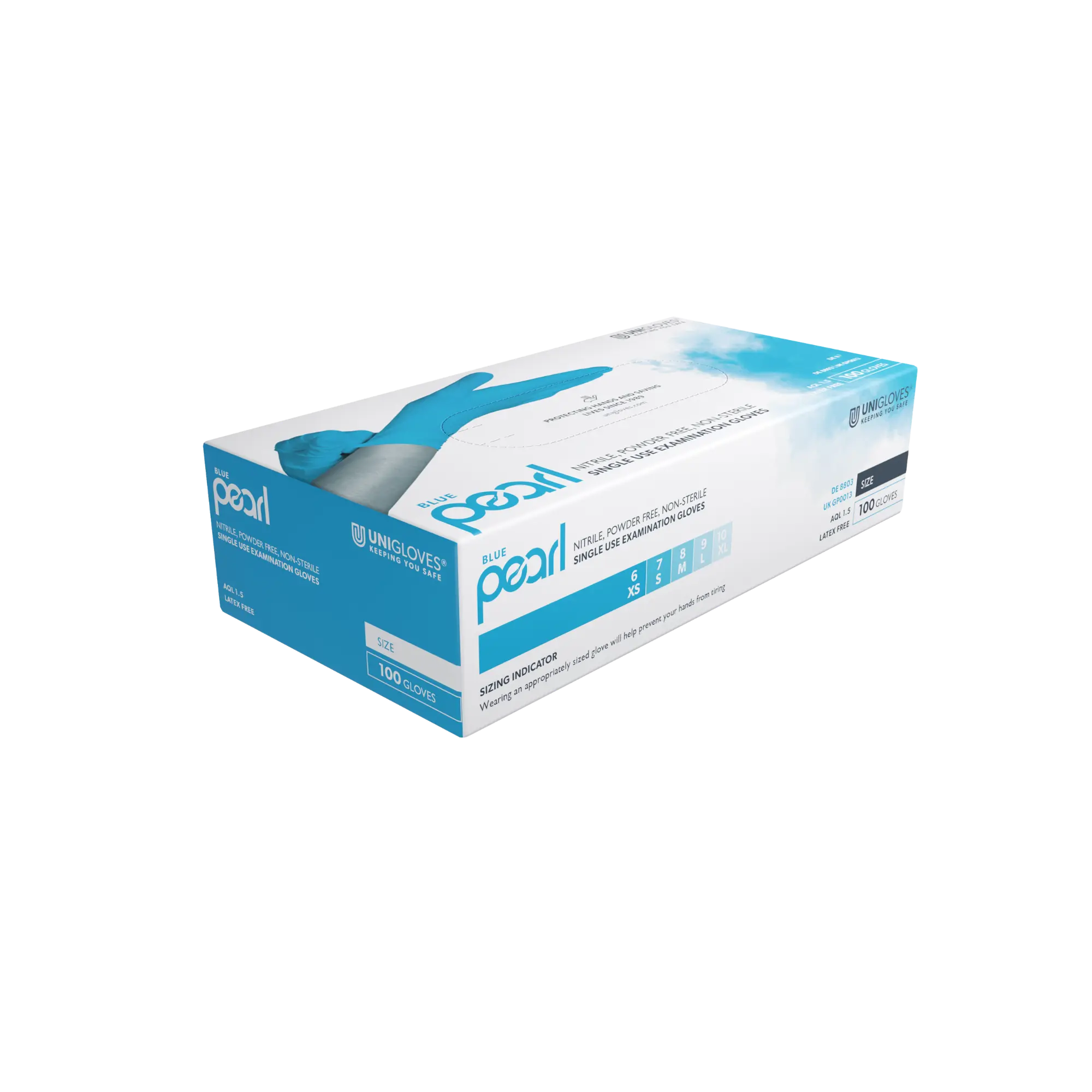 Unigloves Blue Pearl, nitrile gloves, blue, powder-free, 1 box = 10 x 100 = 1,000 pieces – L, GP0014