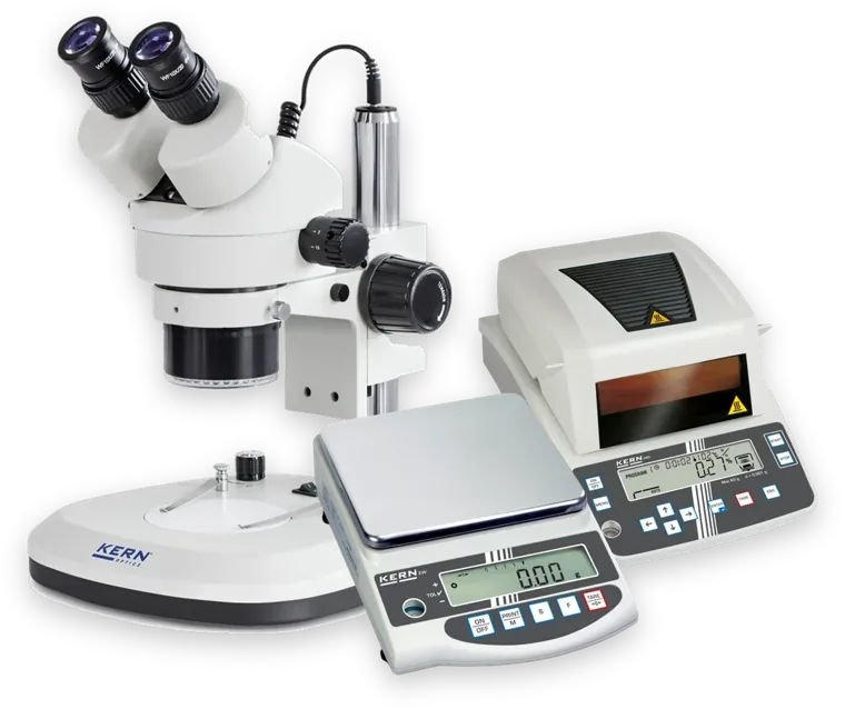 Kern stereo microscope, precision balance and moisture analyser