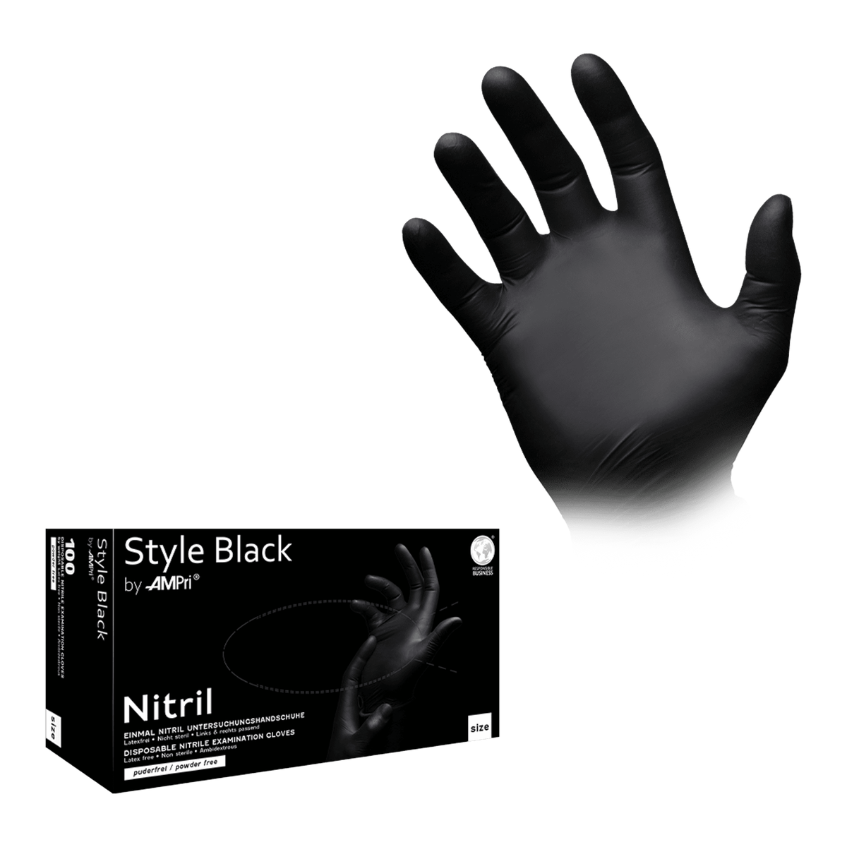 Guantes de nitrilo AMPri Style Black, negros, sin polvo, 100 unidades, talla XXL, 01181-XXL