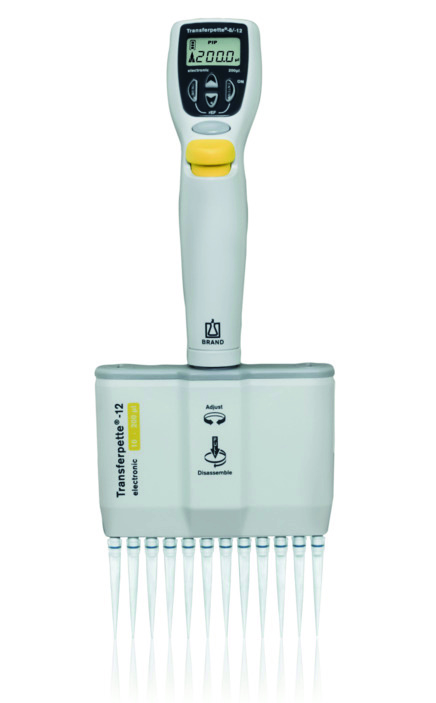 ®-12 electronic brand pipette, DE-M, 10–200 µl, European mains adaptor (100–240 V / 50–60 Hz), #705454