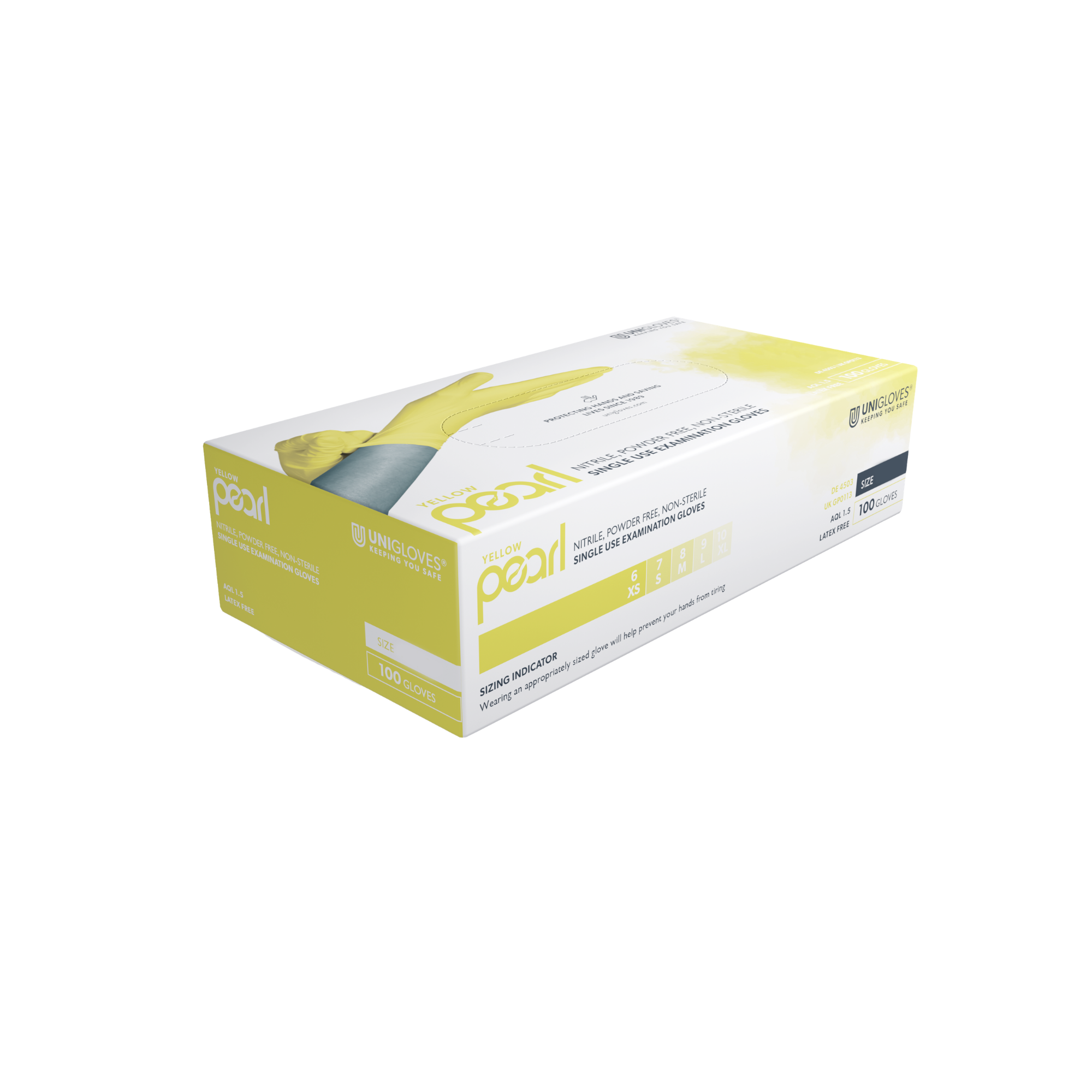 Unigloves Yellow Pearl Nitrile Gloves, Yellow, Powder-free, Size M, GP0113